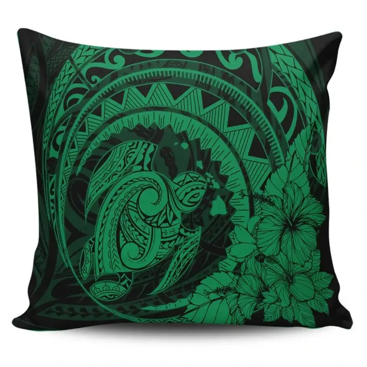 Alohawaii Home Set - Hawaiian Kanaka Honu Map Hibiscus Globular Polynesian Green Pillow Covers