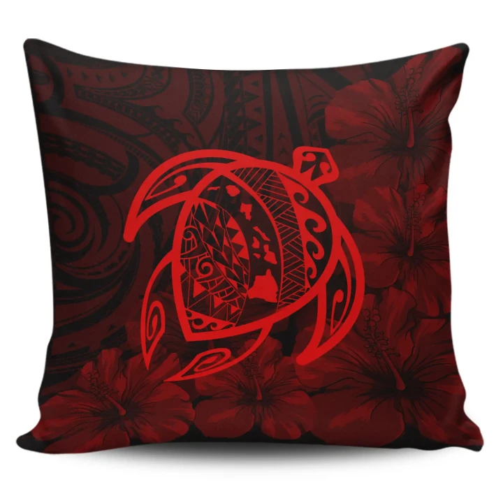 Alohawaii Home Set - Hawaii Turtle Map Hibiscus Poly Pillow Covers - Red