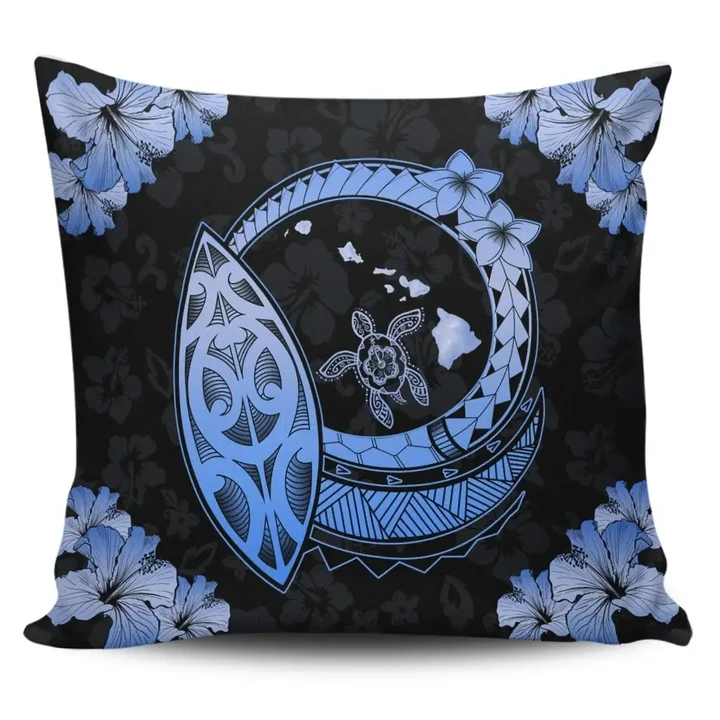 Alohawaii Home Set - Hawaii Turtle Hibiscus Map Polynesian Pillow Covers Blue