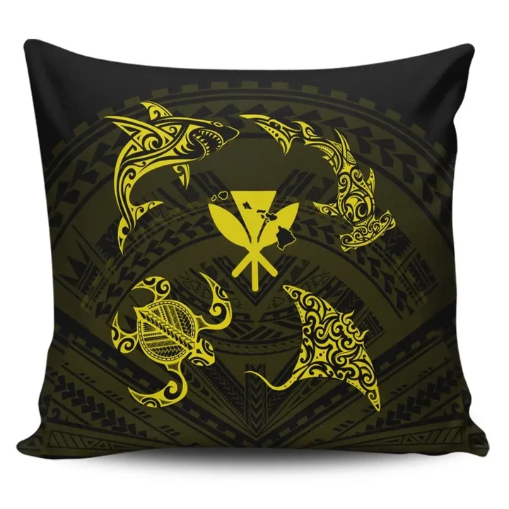 Alohawaii Home Set - Polynesian Turtle Hammerhead Shark Ray Kanaka Hawaii Pillow Covers Circle Yellow