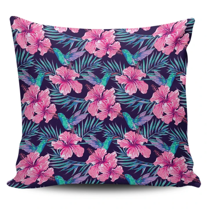 Alohawaii Home Set - Hawaii Pillow Cover Tropical Flowers With Hummingbirds Palm Leaves