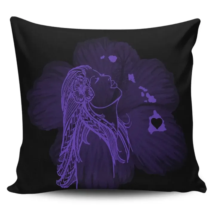 Alohawaii Home Set - Hawaiian Map Heart Hula Girl Hibiscus Purple Polynesian Pillow Covers