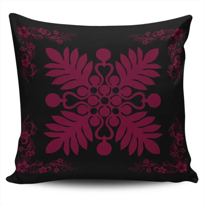 Alohawaii Home Set - Hawaiian Quilt Maui Plant And Hibiscus Pattern Pillow Covers - Burgundy Black