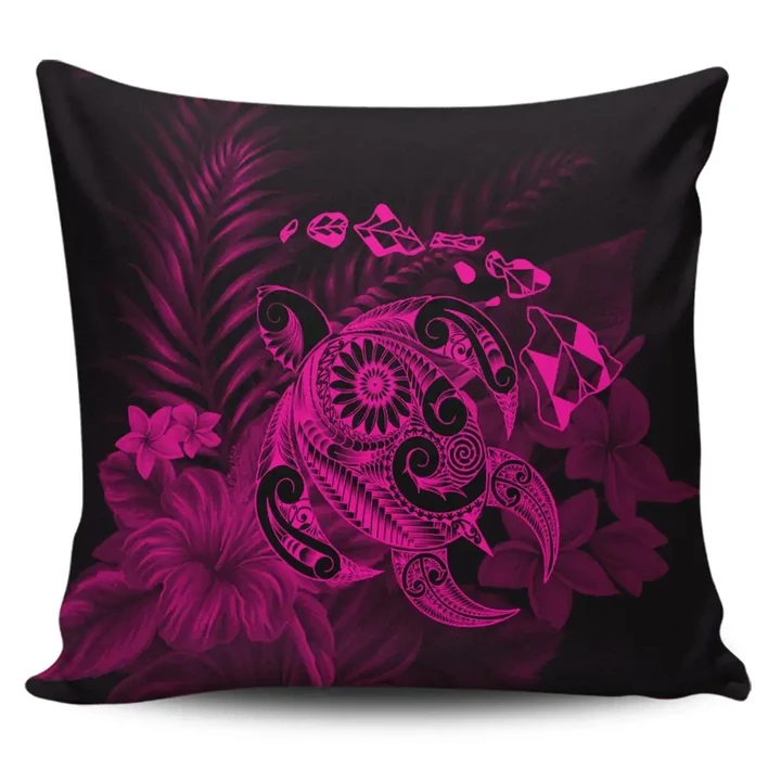 Alohawaii Home Set - Hawaiian Map Turtle Tattoo Hibiscus Plumeria Polynesian Pillow Covers - Pink