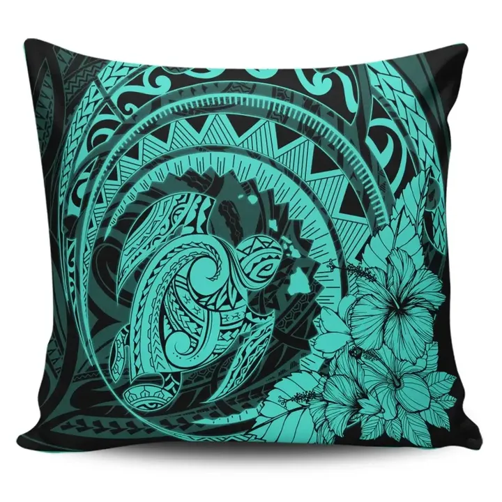 Alohawaii Home Set - Hawaiian Kanaka Honu Map Hibiscus Globular Polynesian Turquoise Pillow Covers