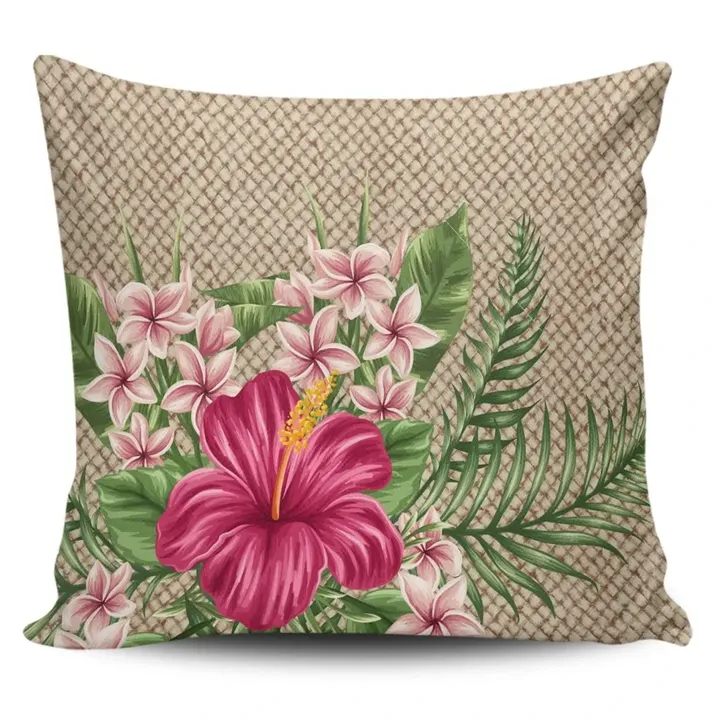 Alohawaii Home Set - Hawaiian Hibiscus Plumeria Palm Leaves Lauhala Background Polynesian Pillow Covers