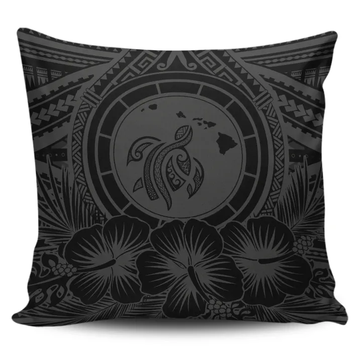 Alohawaii Home Set - Hawaii Map Honu Hibiscus Gray Polynesian Pillow Covers
