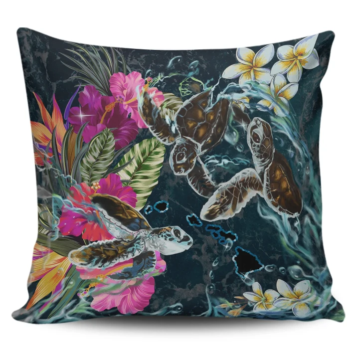 Alohawaii Home Set - Hawaii Map Turtle Swimming Hibiscus Plumeria Moana Pillow Covers