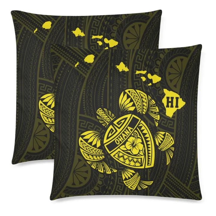 Alohawaii Home Set - Hawaiian Map Turtle Ohana Hibiscus Kakau Polynesian Pillow Cover - Yellow