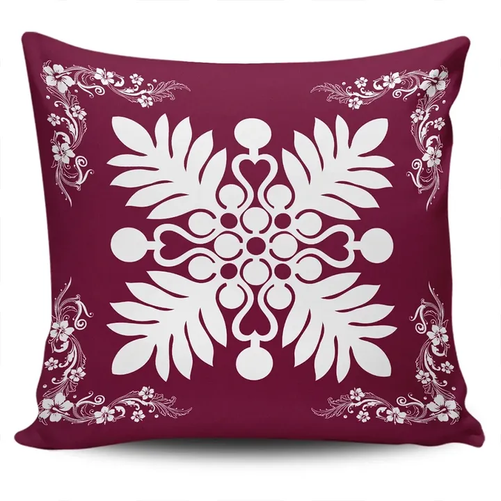 Alohawaii Home Set - Hawaiian Quilt Maui Plant And Hibiscus Pattern Pillow Covers - White Burgundy