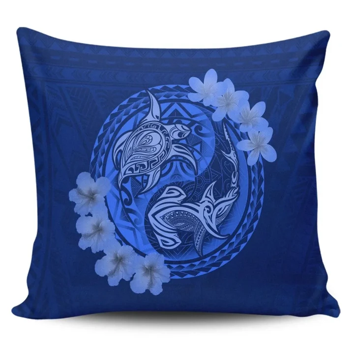 Alohawaii Home Set - Hawaii Yin Yang Turtle Shark Hibiscus Plumeria Pillow Covers - Blue