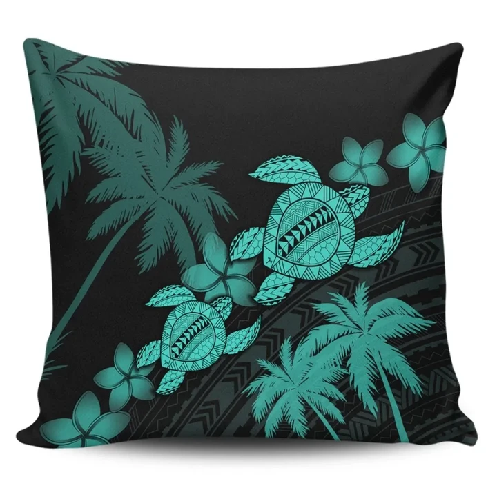 Alohawaii Home Set - Hawaii Turtle Plumeria Coconut Tree Polynesian Pillow Covers - Turquoise