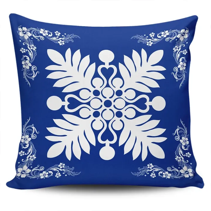 Alohawaii Home Set - Hawaiian Quilt Maui Plant And Hibiscus Pattern Pillow Covers - White Blue