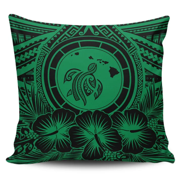 Alohawaii Home Set - Hawaii Map Honu Hibiscus Green Polynesian Pillow Covers