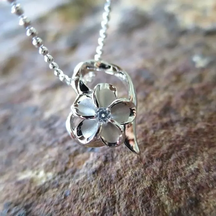 Hawaii Plumeria Heart Silver Pendant Necklace - AH - J7 - Alohawaii