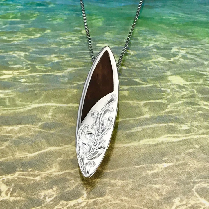 Sterling Silver Hawaiian Koa Wood Surfboard Shaped Engraved on the  Pendant - AH - J7 - Alohawaii