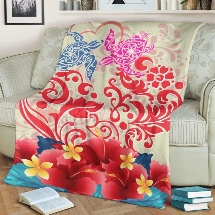 Alohawaii Blanket - Hawaii Turtle Couple Hibiscus Valentine Pattern Premium Blanket - Romance Style