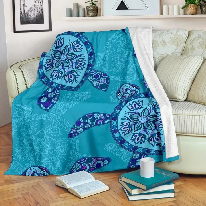 Alohawaii Blanket - Blue Plumeria Turtle Premium Blanket