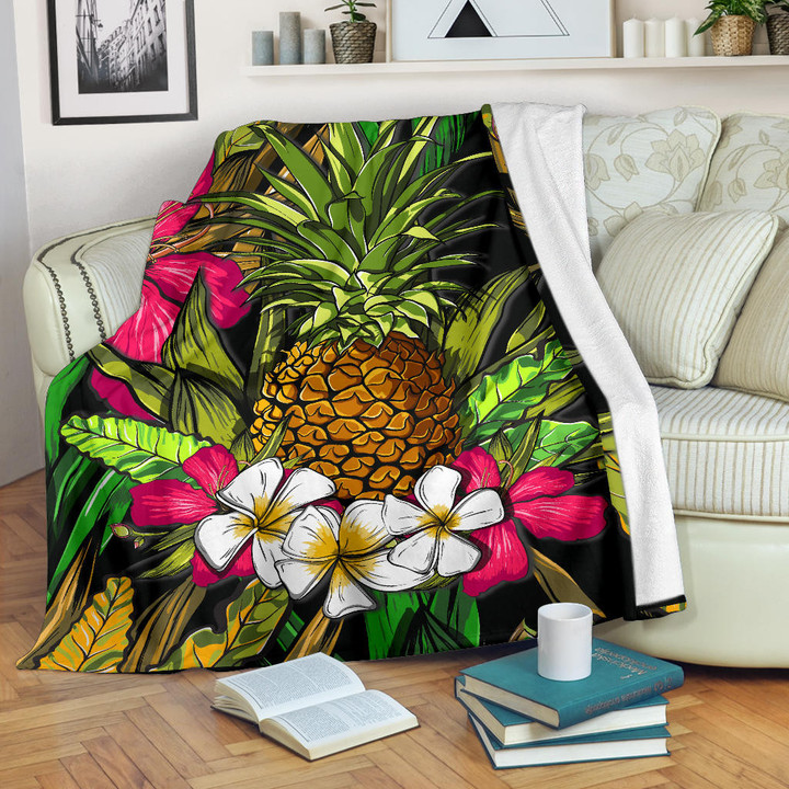 Hawaii Tropical Flowers Pineapple Premium Blanket - AH - J5 - Alohawaii