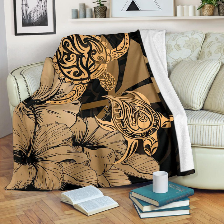 Alohawaii Blanket - Hawaii Turtle Premium Blanket Polynesian Hibiscus Art Ver 2.0 Gold