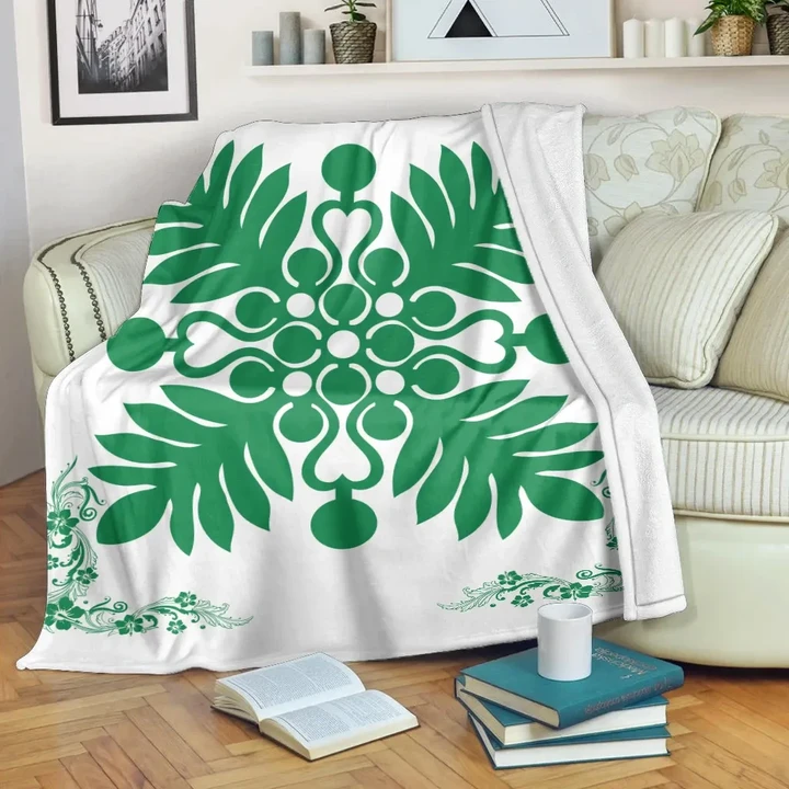 Alohawaii Blanket - Hawaiian Quilt Maui Plant And Hibiscus Premium Blanket - Green White