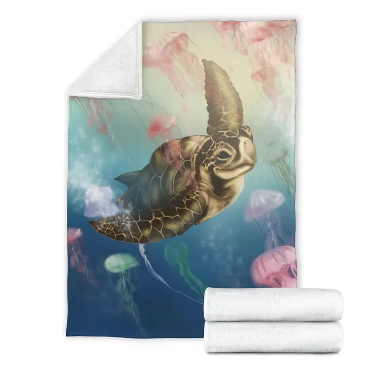 Alohawaii Blanket - Hawaii Turtle And Jellyfish In Deep Sea Moana Premium Blanket