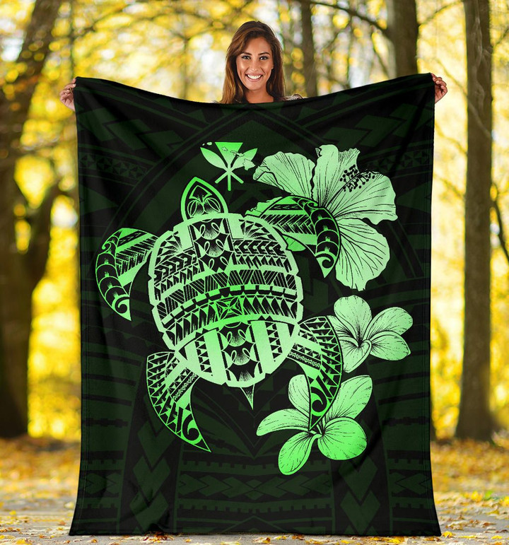 Alohawaii Blanket - Hawaiian Kanaka Hibiscus Plumeria Mix Polynesian Turtle Premium Blanket Green