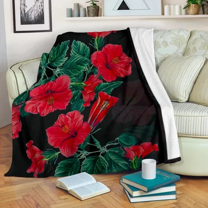 Alohawaii Blanket - Hawaii Hibiscus Red Color Premium Blanket