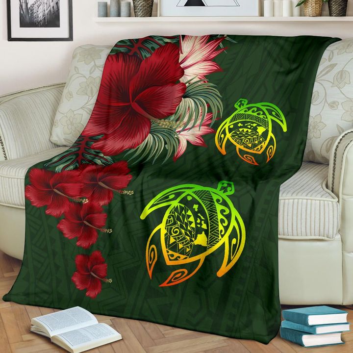 Alohawaii Blanket - Hawaii Premium Blanket - Turtle Hibiscus Pattern Hawaiian Premium Blanket - Green