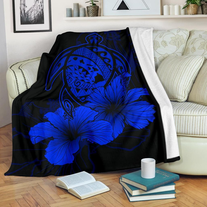 Alohawaii Blanket - Hawaii Hibiscus Premium Blanket - Turtle Map - Blue
