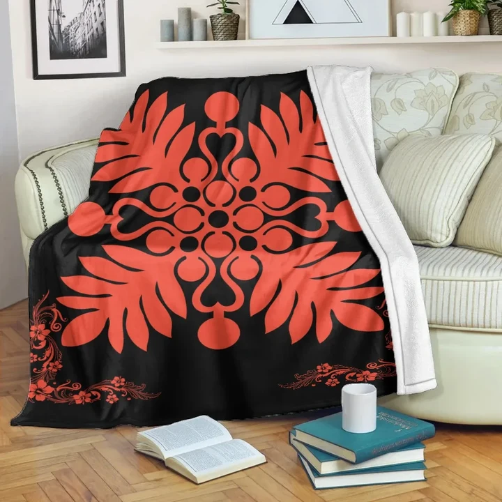 Alohawaii Blanket - Hawaiian Quilt Maui Plant And Hibiscus Premium Blanket - Orange Black