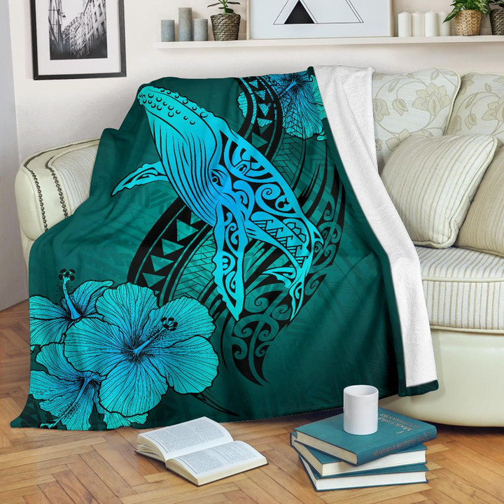 Alohawaii Blanket - Hawaii Whale Swim Poly Turquoise Premium Blanket