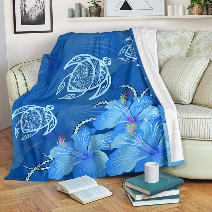 Alohawaii Blanket - Hawaii Blue Hibiscus Turtle Polynesian Premium Blanket