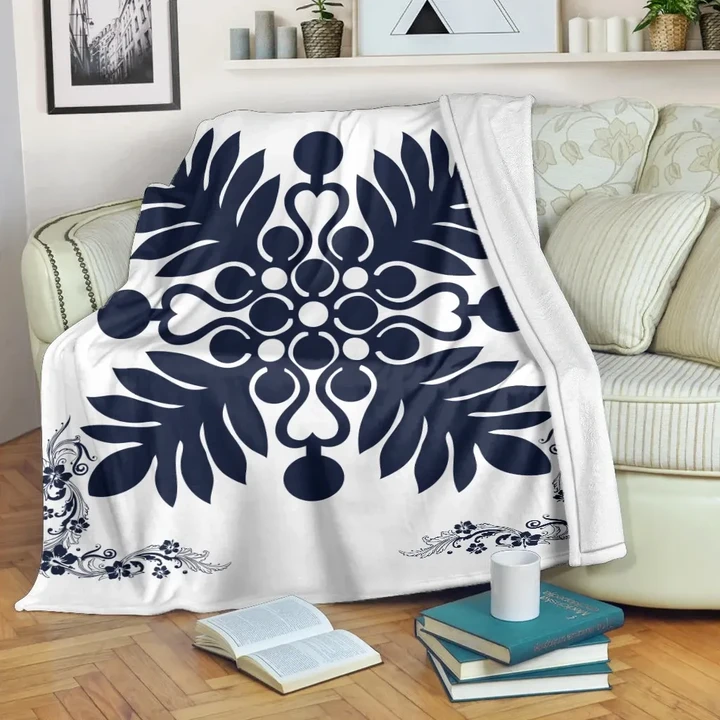 Alohawaii Blanket - Hawaiian Quilt Maui Plant And Hibiscus Premium Blanket - Indigo White