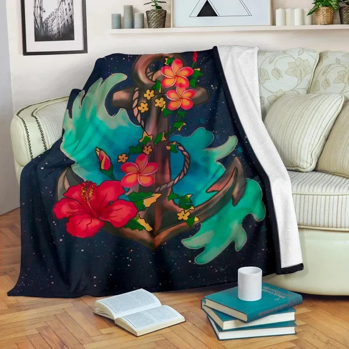 Alohawaii Blanket - Hawaii Anchor And Hibiscus Premium Blanket