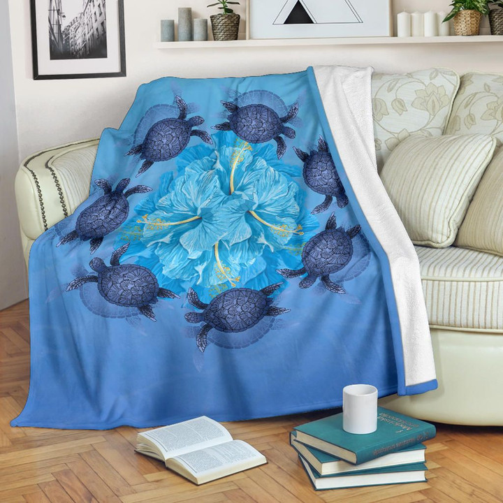 Alohawaii Blanket - Hawaii Turtle Hibiscus Blue Premium Blanket