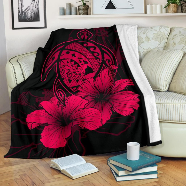 Alohawaii Blanket - Hawaii Hibiscus Premium Blanket - Turtle Map - Calico Red