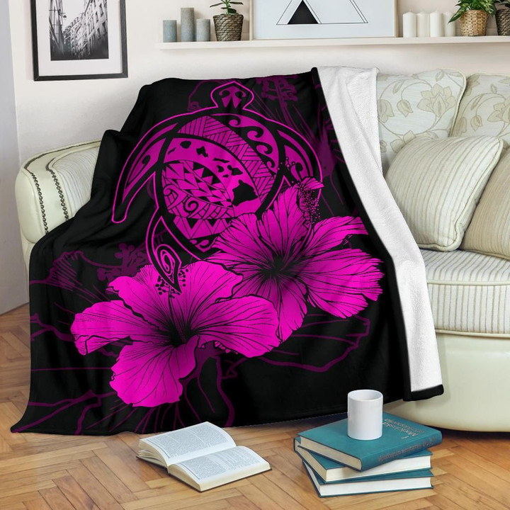 Alohawaii Blanket - Hawaii Hibiscus Premium Blanket - Turtle Map - Pink
