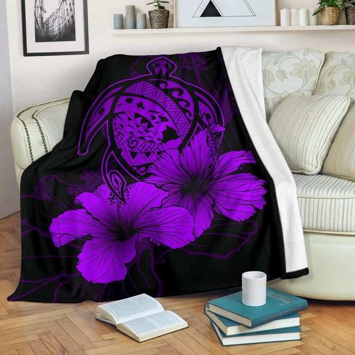 Alohawaii Blanket - Hawaii Hibiscus Premium Blanket - Turtle Map - Purple