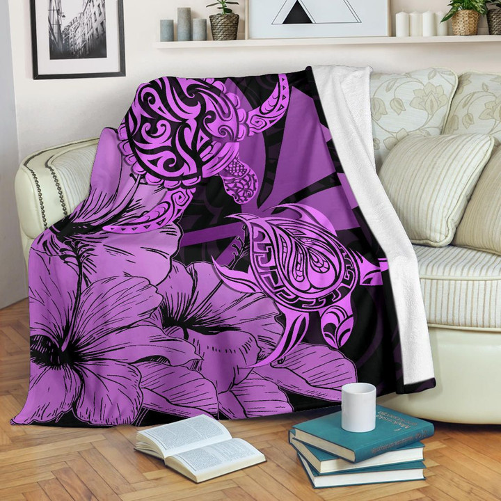 Alohawaii Blanket - Hawaii Turtle Premium Blanket Polynesian Hibiscus Art Ver 2.0 Pink
