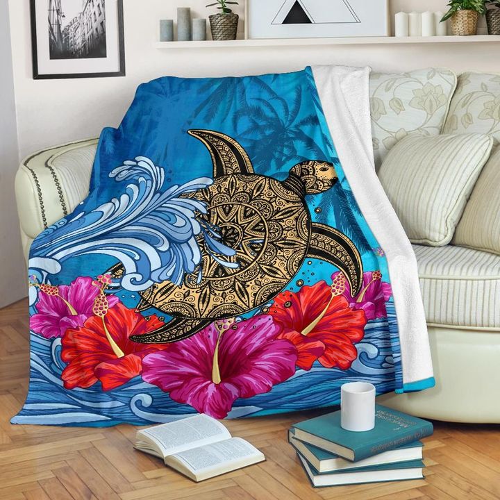 Alohawaii Blanket - Hawaii Sea Turtle Hibiscus Coconut Tree Premium Blanket