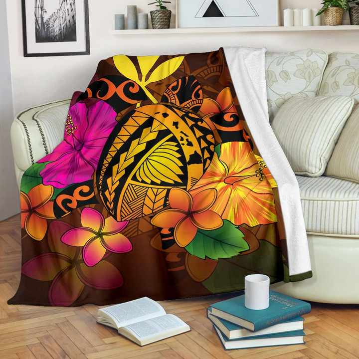 Alohawaii Blanket - Hawaii Turtle Tribal Map Hibiscus Plumeria Premium Blanket