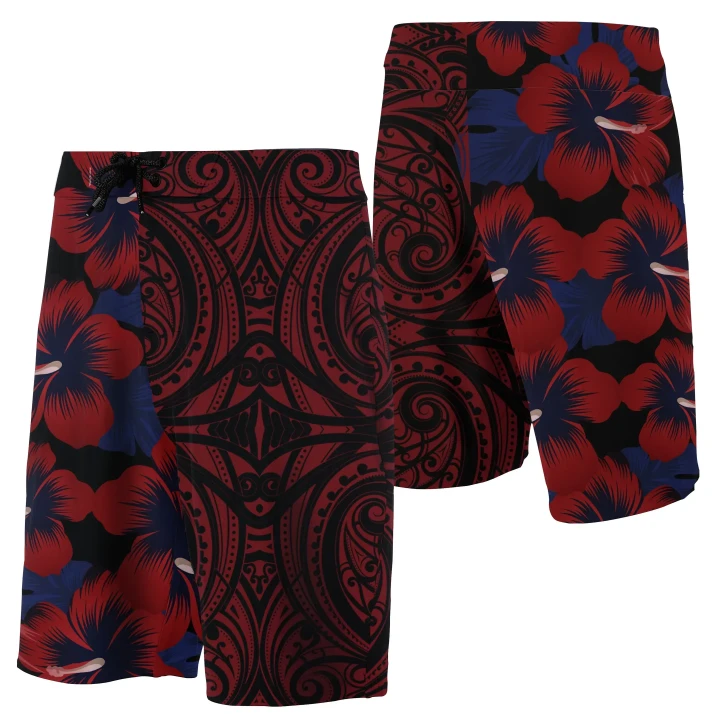 Alohawaii Short - Hawaii Hibiscus Flowers Polynesian Board Shorts Red Haka Style