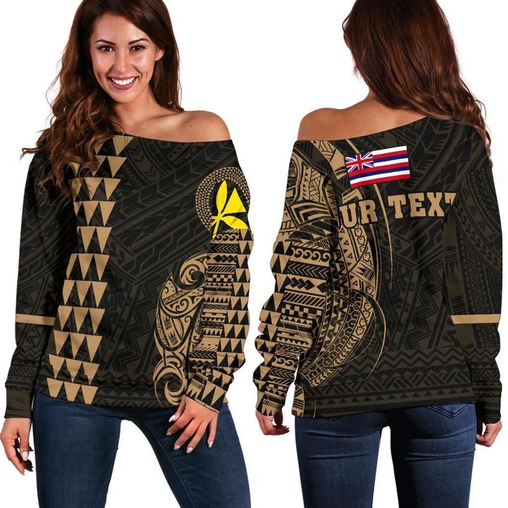Hawaii Kanaka Polynesian Personalized Women's Off Shoulder Sweater - Gold - AH - J6 - Alohawaii
