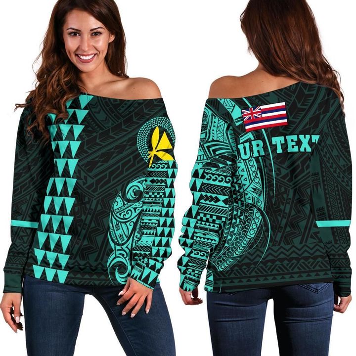 Hawaii Kanaka Polynesian Personalized Women's Off Shoulder Sweater - Turquoise - AH - J6 - Alohawaii
