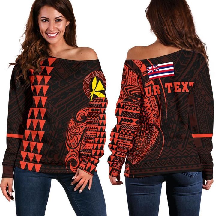 Hawaii Kanaka Polynesian Personalized Women's Off Shoulder Sweater - Orange - AH - J6 - Alohawaii