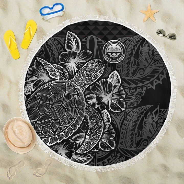 Alohawaii Blanket - Federated States Of Micronesia Beach Blanket Turtle Hibiscus Black | Alohawaii.co