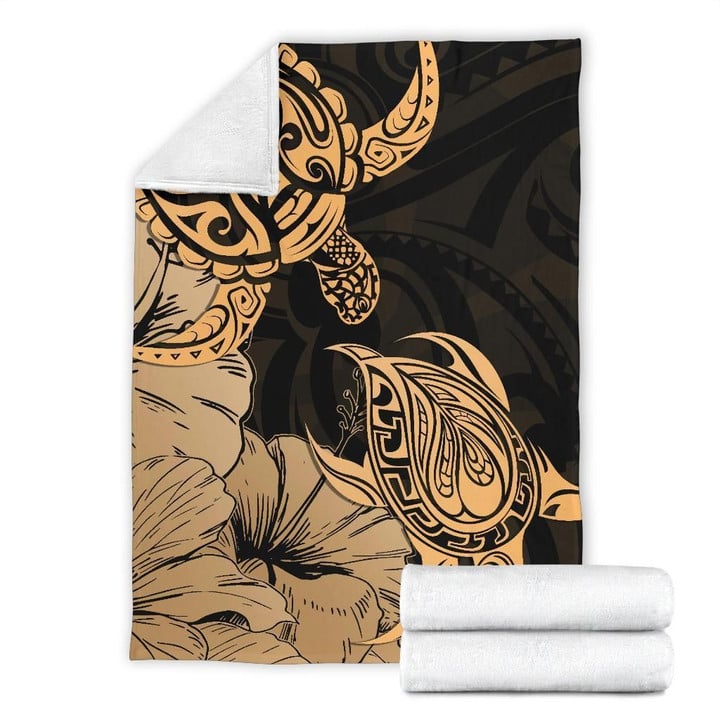 Alohawaii Blanket - Hawaii Turtle Premium Blanket Polynesian Hibiscus Art Gold | Alohawaii.co