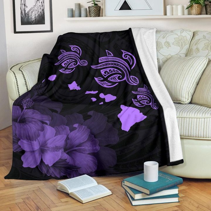 Alohawaii Blanket - Hawaii Hibiscus Map Polynesian Ancient Purple Premium Blanket | Alohawaii.co