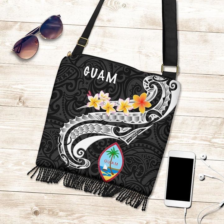 Alohawaii Handbag, Guam Boho Handbag, Guam Seal Polynesian Patterns Plumeria (Black) | Alohawaii.co